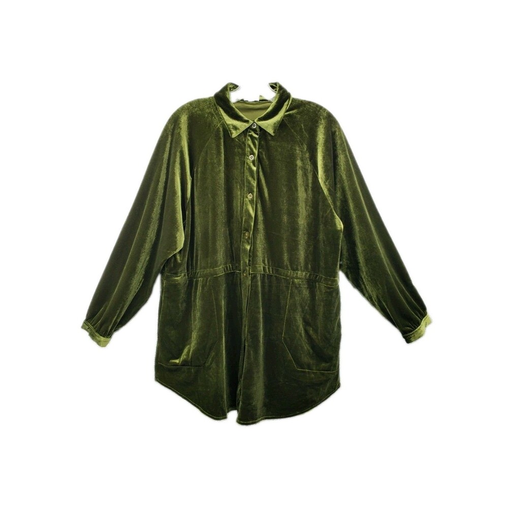 Meritt Clothing Label Velvet Button Up Tunic Shirt Size M Olive Green Oversize